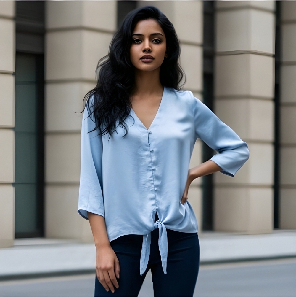Bobeau Lucille Light Blue Satin Look Tie Front Blouse  Medium  3/4 Sleev…